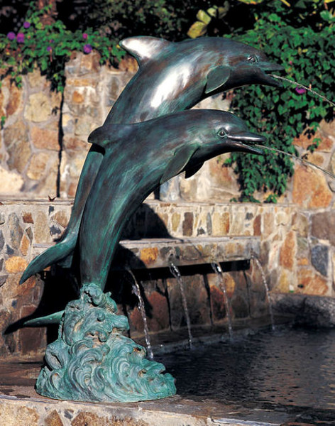 Double Dolphin Piped Water Feature Brass Sculpture Yard Art